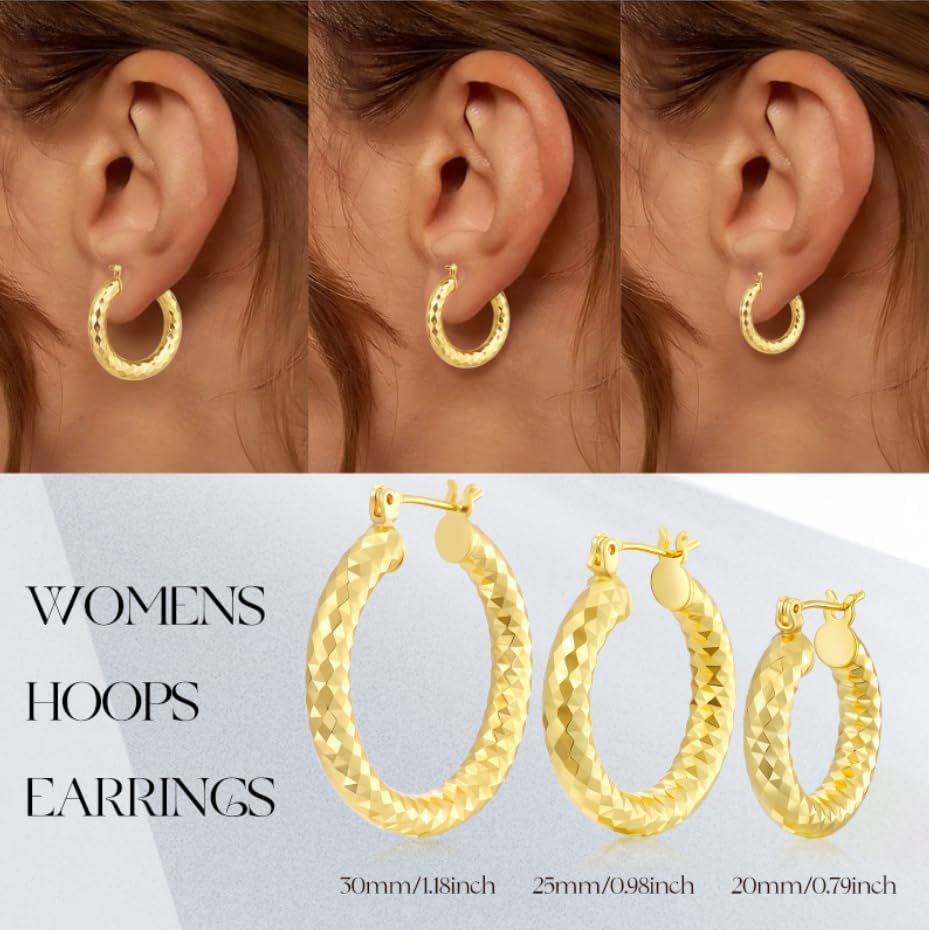 Gold Plated Hoop Earrings for Women 14K Gold Plated Earrings for Women Hypoallergenic Lightweight Wrinkle Texture Earrings Womens 20mm/25mm/30mm - Image 6