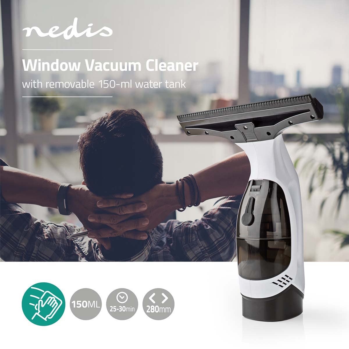 NEDIS Fenster Staubsauger | 20 W | Kapazität Schmutzwassertank: 200 ml | Abnehmbarer Schmutzwassertank | Schwarz/Weiss 1.20 m Schwarz/Weiss