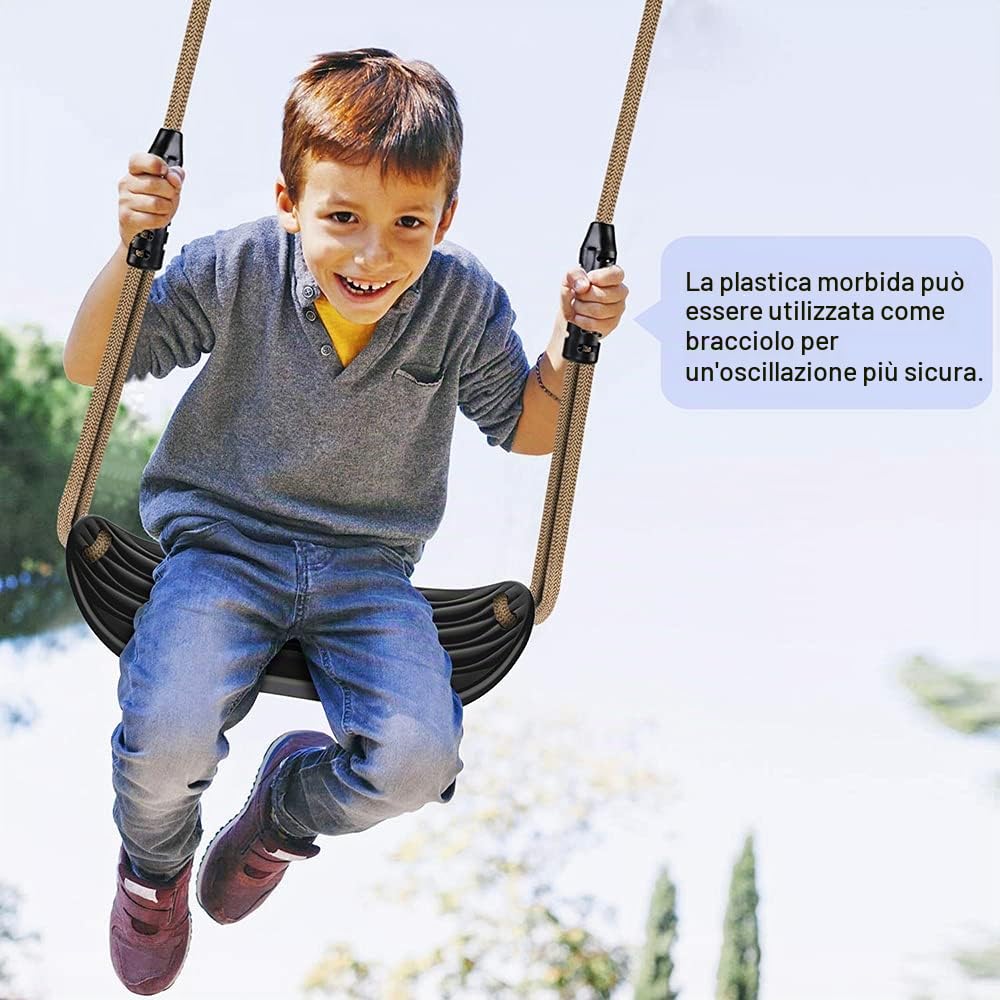 SELEWARE Seggiolino per Altalena in Plastica, Altalena Antiscivolo con Corda Regolabile e 2 Moschettoni, Accessorio per Altalena da Parco Giochi per Bambini Cortile Esterno, Nero