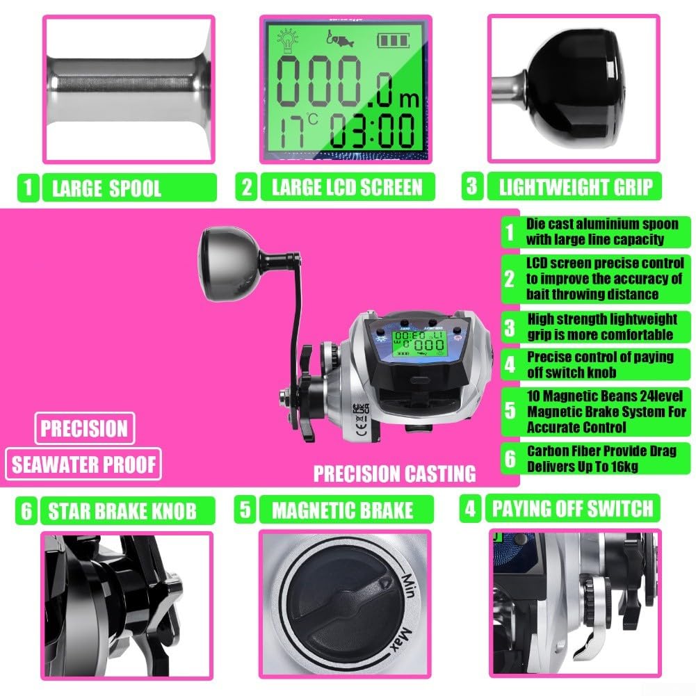 Angelrolle, digitale Baitcast-Angelrolle für Tiefsee-Salzwasserangeln, 6,3:1 Übersetzung, max. 16 kg Zugkraft, Echtzeit-Temperaturanzeige und mikromagnetisches Bremssystem