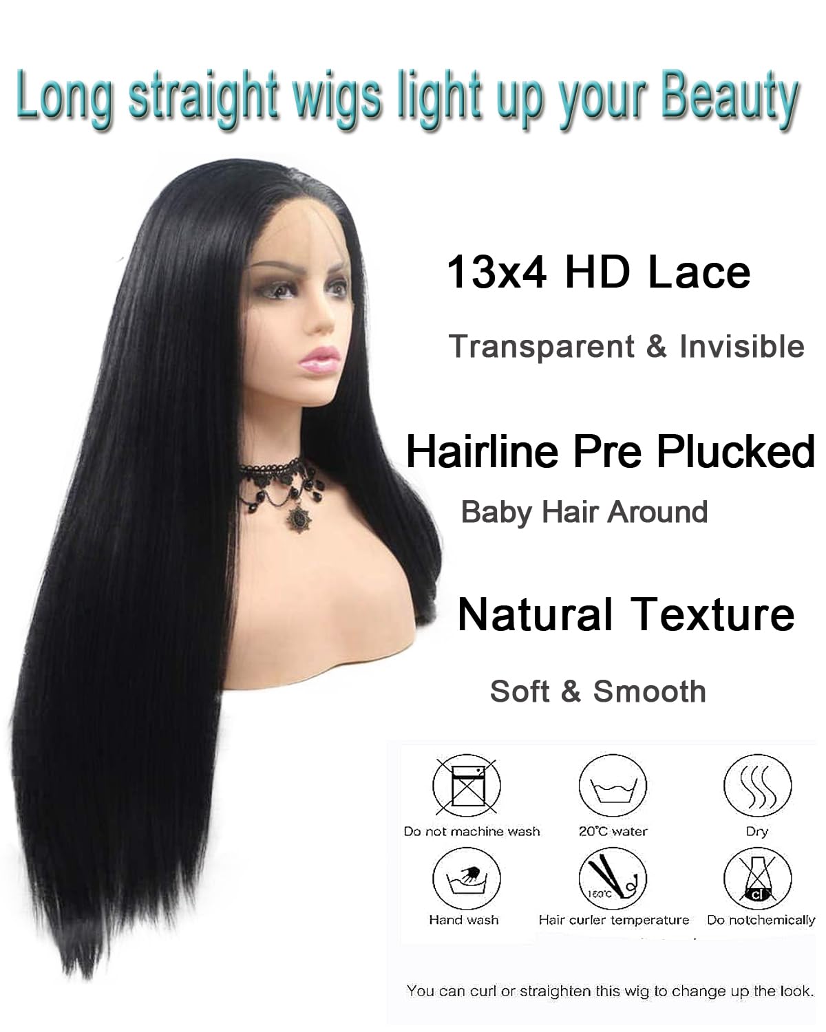 Black Wig Long Straight Synthetic Lace Front Wigs Pre Plucked Natural Hairline with Baby Hair for Black Women Heat Resistant Fiber Hair Cosplay Daily Wear Middle Part Lace Wigs 26Inch