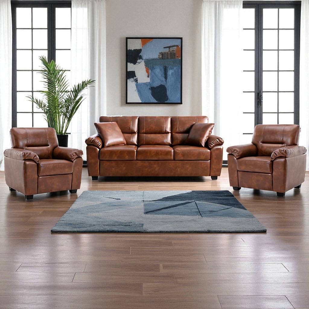 Caradel Anderson 3+1+1 Sofa Set for Living Room | Tan Leatherette | 5 Seater Sofa Bedroom,Office Furniture | Leather Sofa Set for Living Room | Sofa Set 5 Seater-image-7