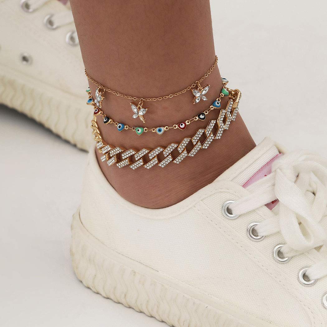 Earent Boho Layered Crystal Anklet Gold Evil Eye Pendant Ankle Bracelets Butterfly Cuban Link Chain Beach Rhinestone Foot Jewelry Adjustable for Women and Girls