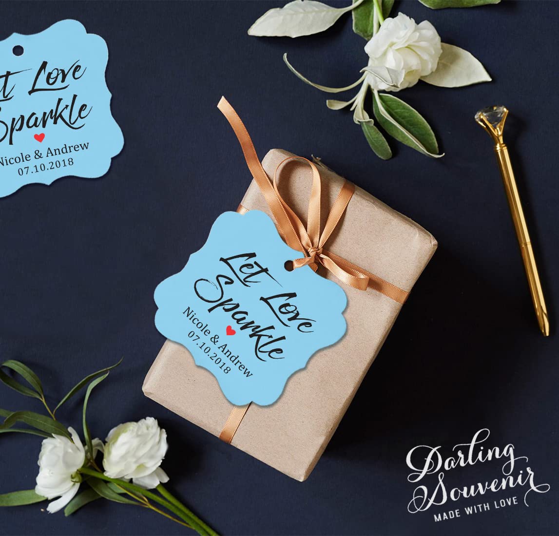48 Targhette Personalizzabili A Forma Di Violino 7x5 Cm – 'Let Love Sparkle' Kraft Marrone - 3