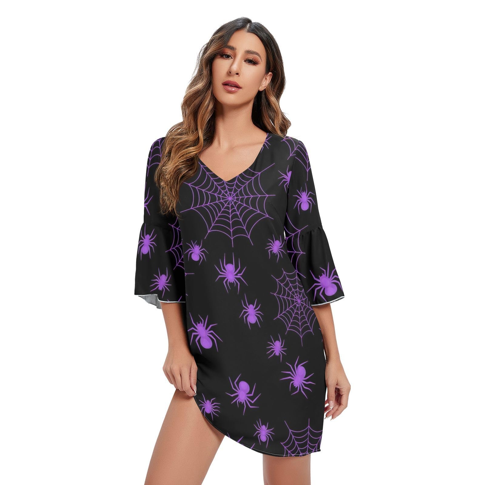 Robe d'été violette motif araignée col V légère pour silhouette affinée - 7