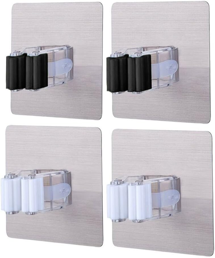 Anjuer Broom Holder Wall Mount, Mops Brooms Hanger Light Sabers Closet Organization Hooks with Spring Clip Black and White