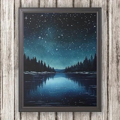 DFZEWKI Canvas Wall Art Night Lake Reflection Landscape with, Modern Minimalist Scandinavian Decor for Living Room, Bedroom(30x40cm(12x16in)/No frame)