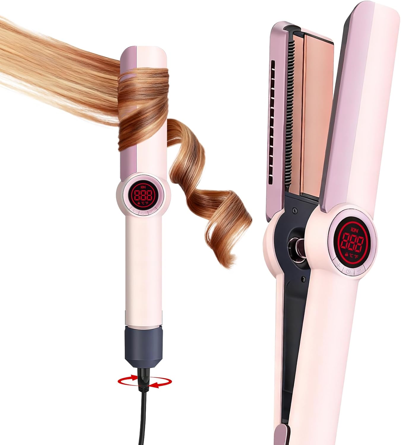Flat Iron Hair Straightener and Curler 2 in 1-Curling Iron for Lasting Curls,360°Anti-Scald Ionic Curling Wand,Rapid 30-Second Heat-Up,Auto Shutdown & LED Display for All Hair Types (Pink)