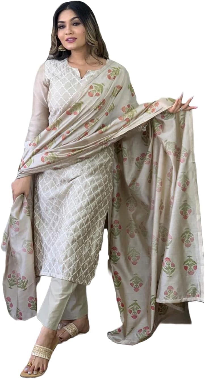 GoSriKi Women's Cotton Blend Embroidered Straight Kurta with Pant & Dupatta (MYSURU-Nw-GS)