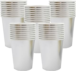 50 Pieces Disposable 9 oz Drinking Cups Metallic Paper Cups Party Drinks Cup for Hot Cold Drink, Tea, Coffee, Cocktail, Silver