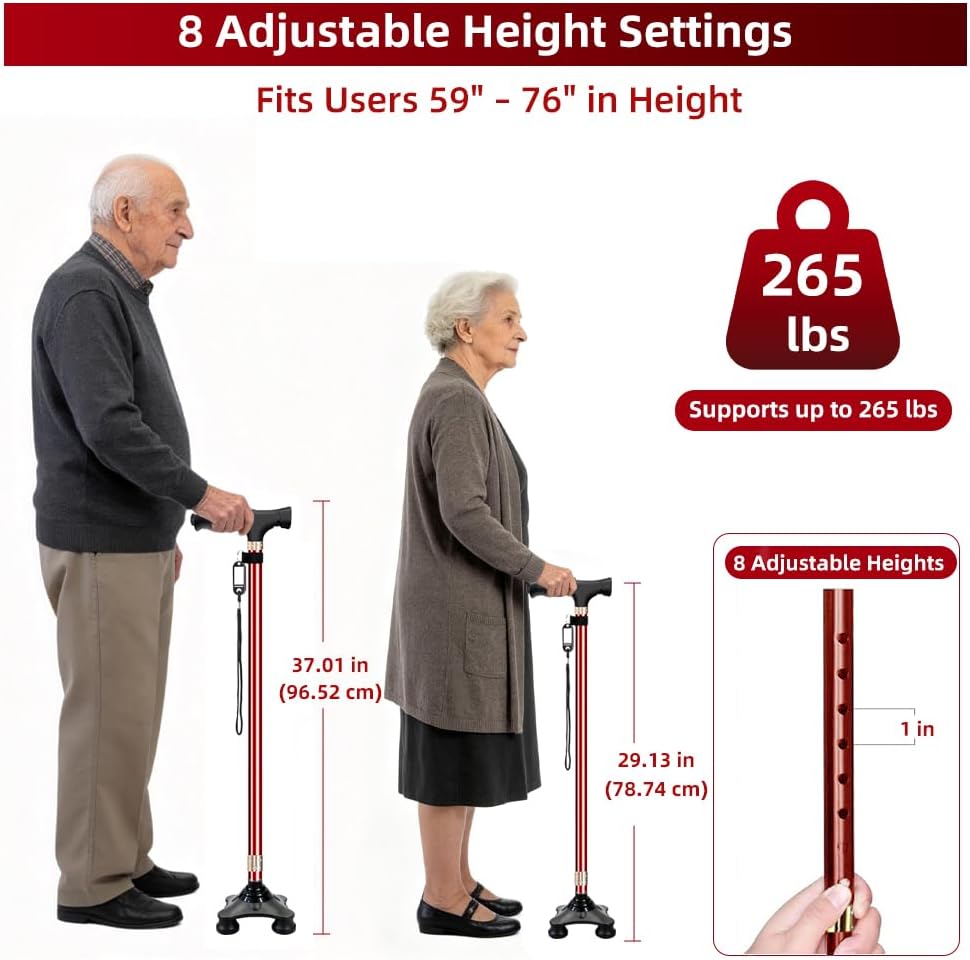 Quad Cane LED Light Seniors Self Standing Folding Adjustable Red | Ergonomic offset handle eases wrist and hand strain. Collapses compact via push-button from 28.7 to 37 inches. Holds 220 lbs.