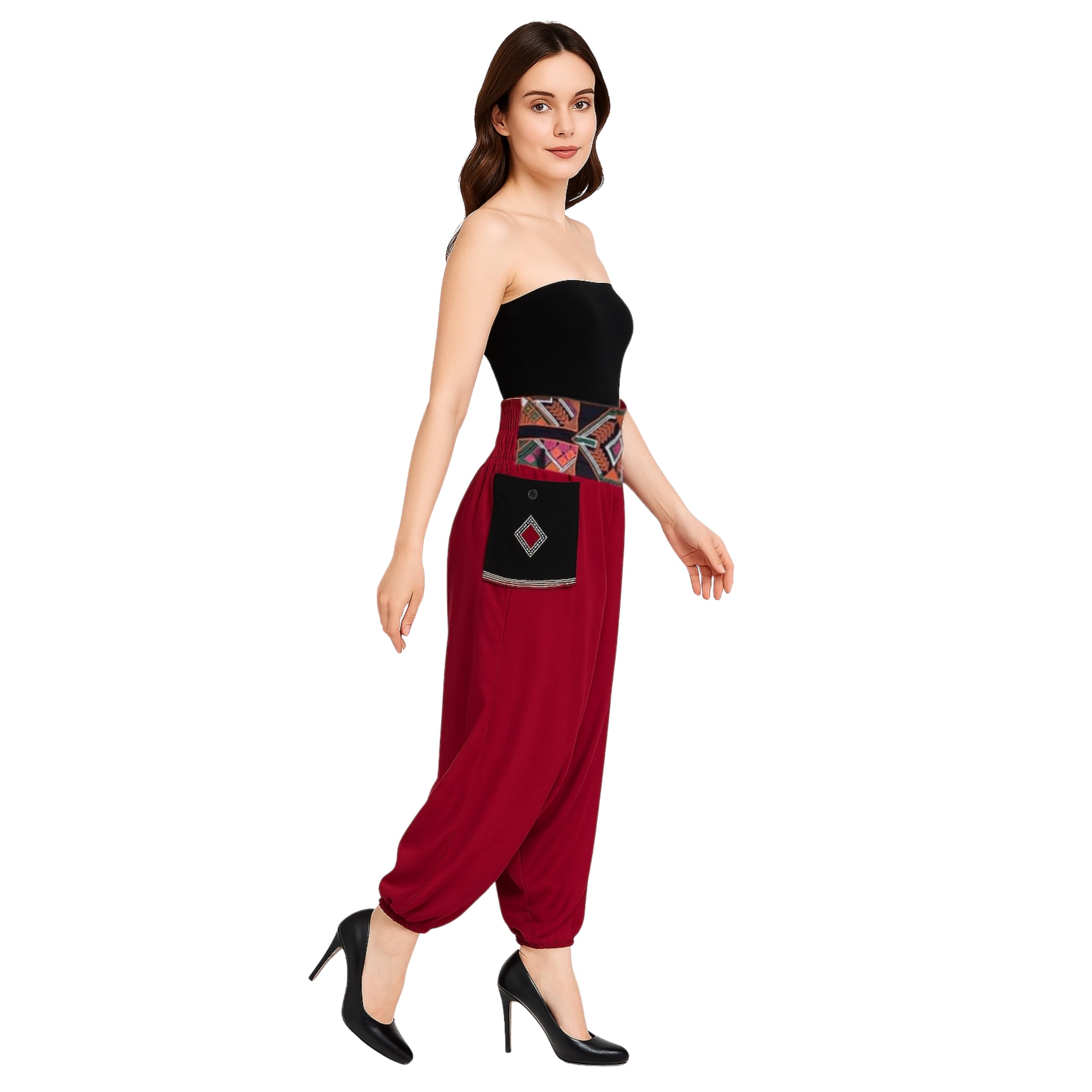 LUJOSO Women Low Rise Harem Pants | Stylish Afghani Salwar | Rayon Fabric Pants Loose Fit for Yoga & Dancing | Waist Size 22 to 42 Inches, Free Size (in, Alpha, M, Regular, Maroon) 2