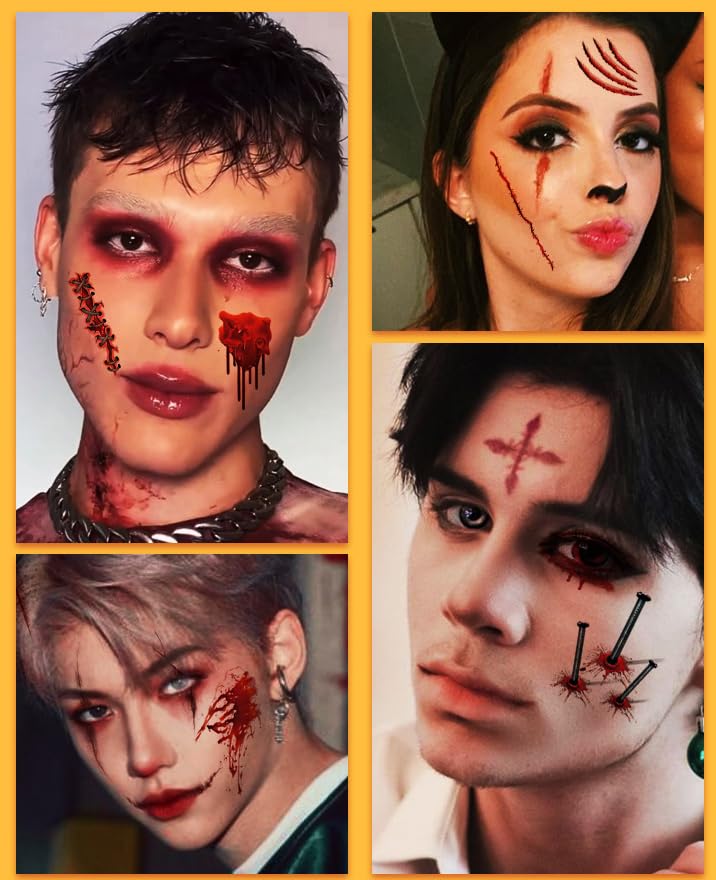 Miniatura 6 de Tatuaje facial de Halloween, 16 hojas realistas falsas de puntada de herida sangrienta, cicatriz, tatuajes falsos aterradores para mujeres, hombres