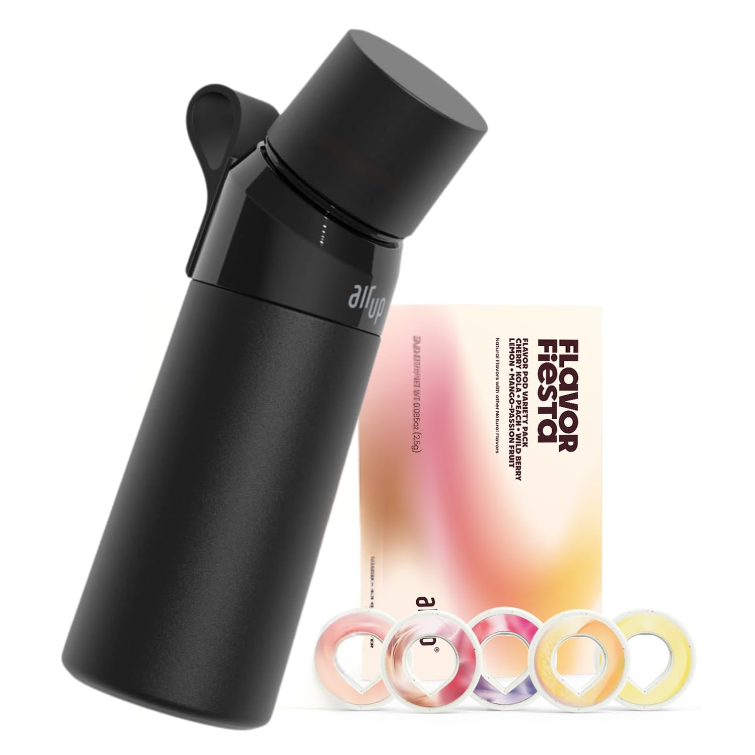 air up® water bottle (16oz) Steel Black + 5x pods Flavor Fiesta | Sugar free flavor pods & Water bottles with straw | Flavored water bottle