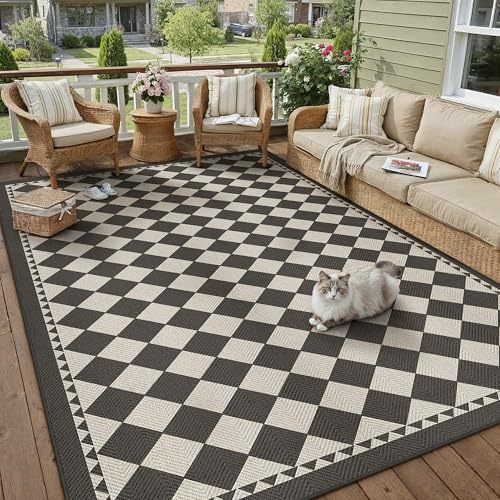 Outdoor Teppich Wohnzimmer 300x400cm Outdoorteppich Wetterfest Balkon Schwarz Beige Kariert Teppiche Jute Optik Waschbarer rutschfest Carpet Esszimmer