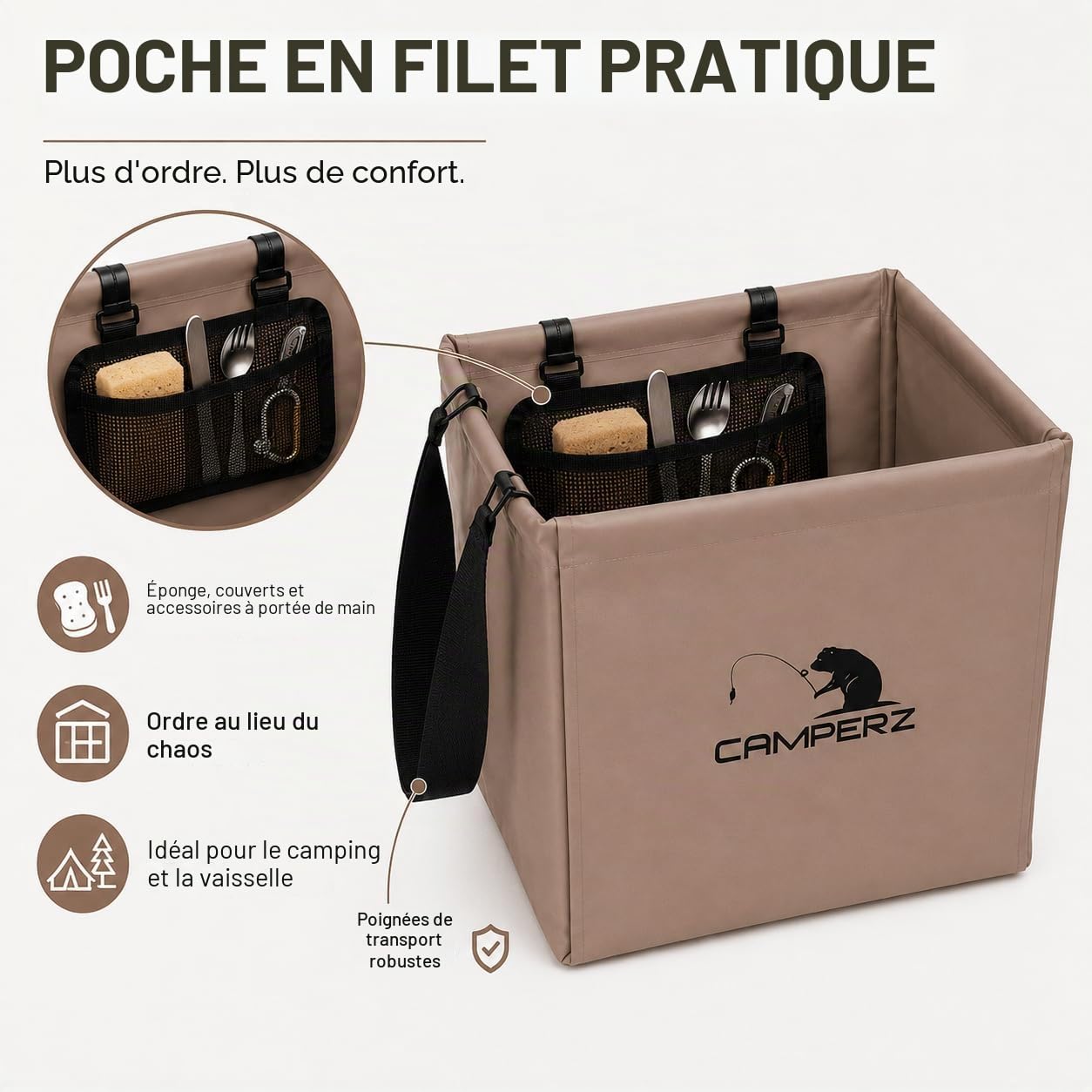 Bol pliable de camping 20 l – Bac à vaisselle pliable avec poche en filet, seau pliable stable et bac de lavage pour camping-car, vanlife, pêche et extérieur – étanche, marron