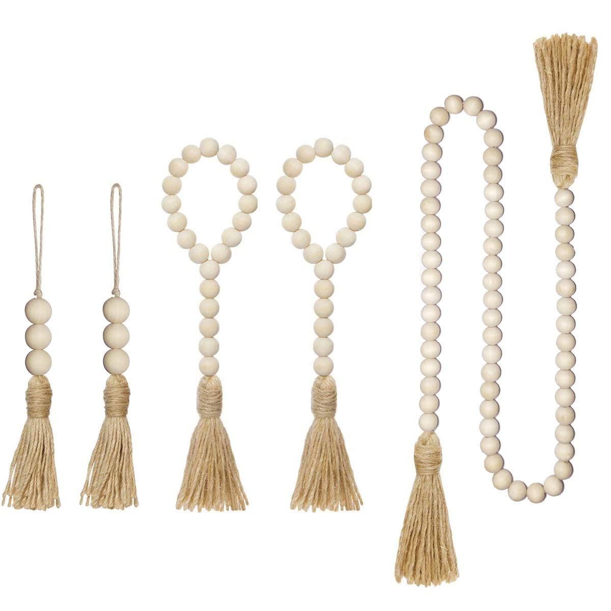 INSHREYS 5 Packs Wood Bead Garland with Tassels Farmhouse Rustic Country Decor Prayer Beads Wall Hanging Decor 3 Size Suit