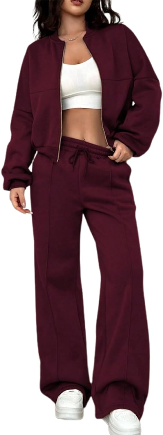 LovelyWholesale Women Sweatsuits 2 Piece Set Zip Up Sweatshirt and Wild Leg Sweatpants Set