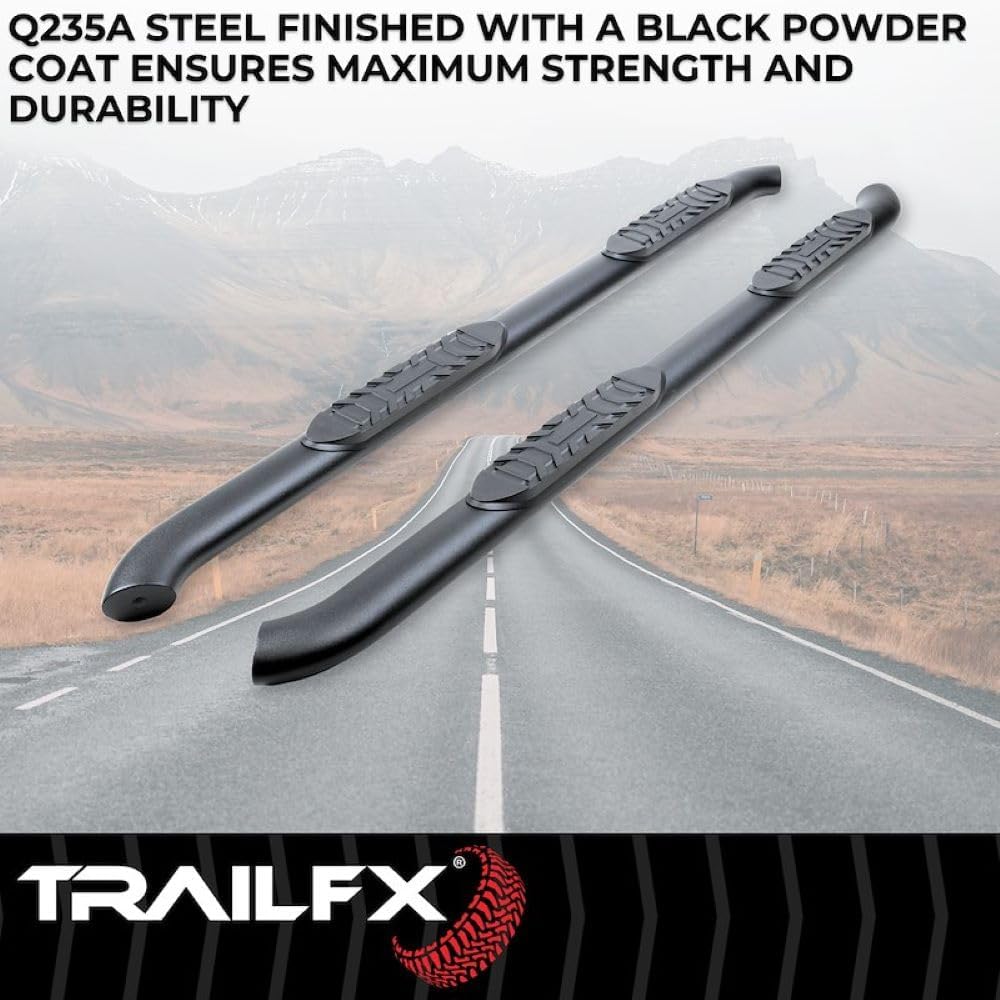 TrailFX Side Steps with Step Pads 4 Inch Oval Bent Nerf Bar Titanium Black Powder-Coated Steel, Welded End Caps, Rocker Panel Mount, Slip-Resistant, Set of 2 TrailFX A1002B