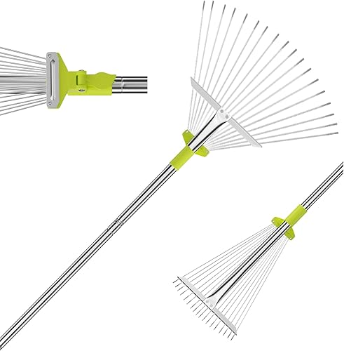 BsBsBest Rastrillo de 75 pulgadas para hojas con cabeza expandible, rastrillos de 10 a 18 pulgadas, rastrillo de metal para césped, rastrillo de