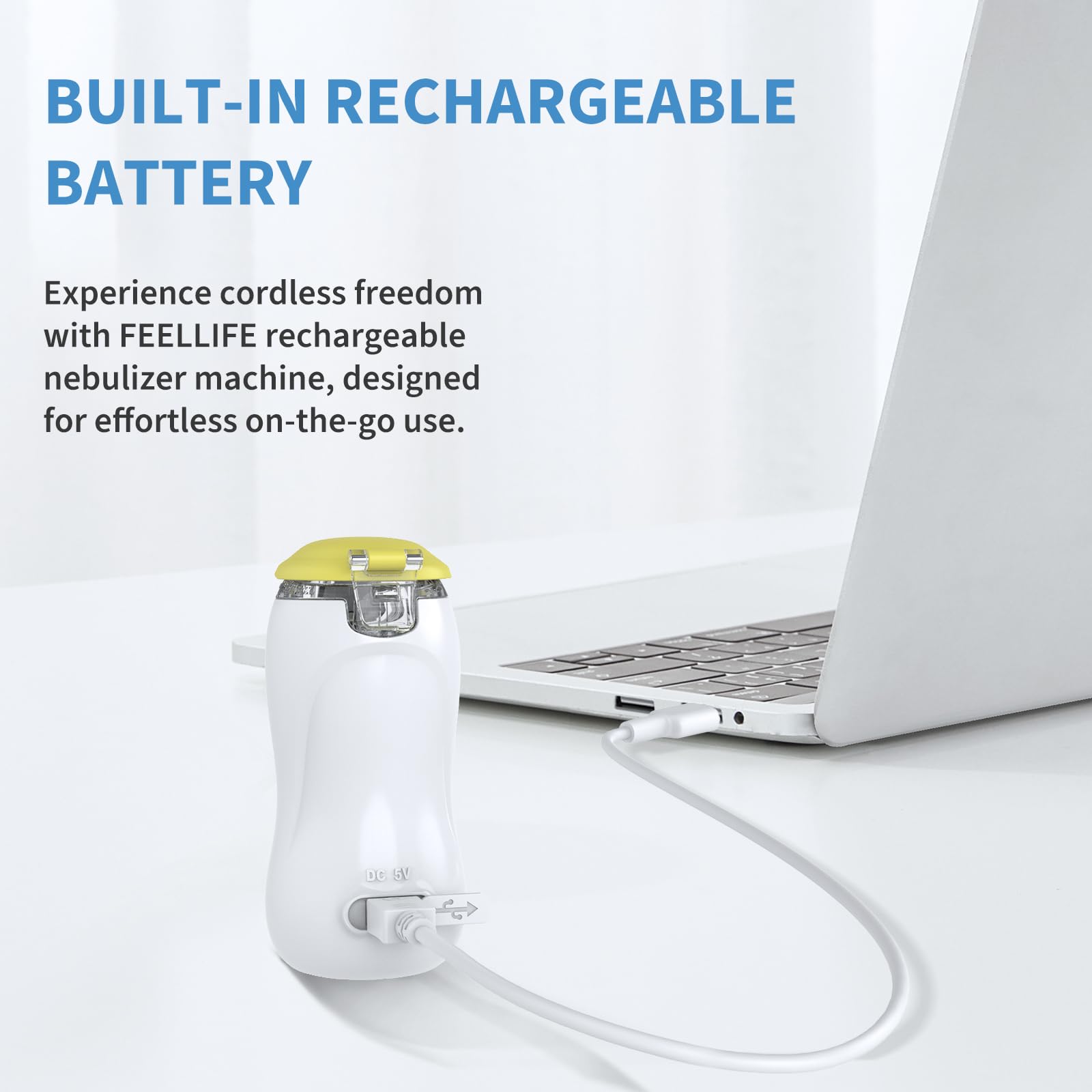 FEELLIFE Nebulizador Portatil para Bebe y Adultos, Nebulizador Silencioso Tasa de Atomización Ajustable, Inhalador Recargable para El Tratamiento de Tos, Asma, Enfermedades Respiratorias-Amarillo