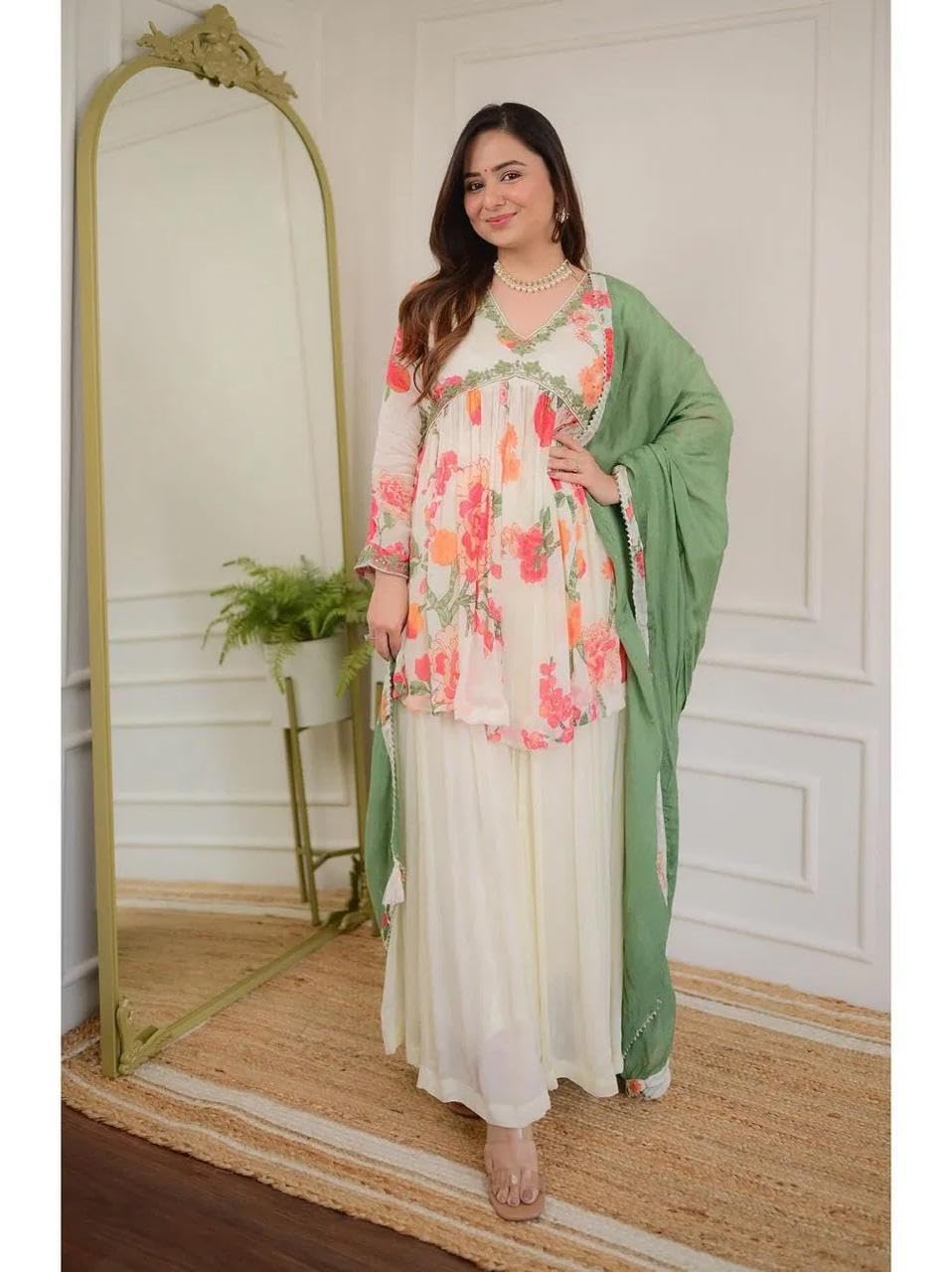 Women’s Floral Print Maxi Dress, Green and Coral, A-Line Style, Casual