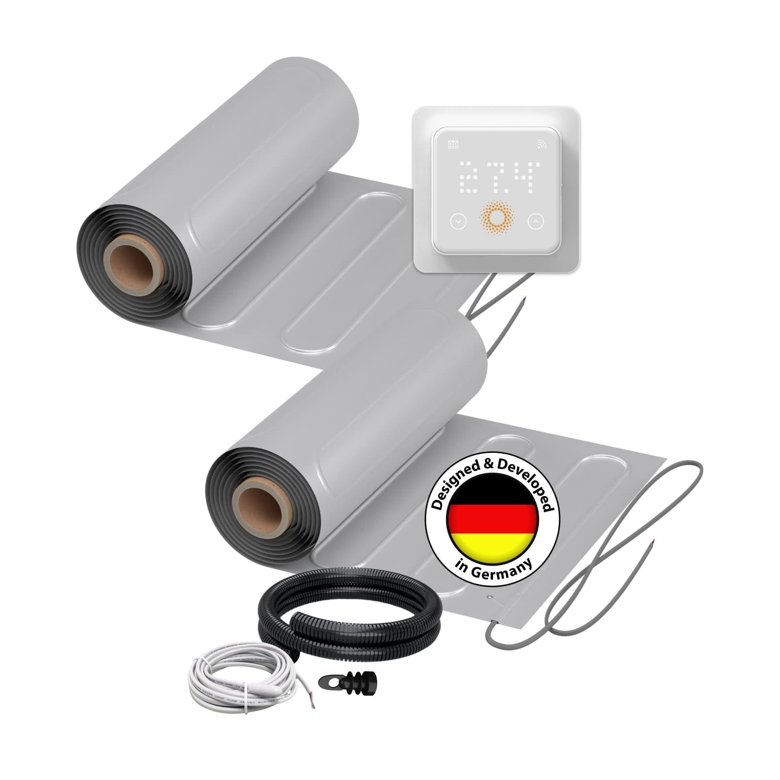 Calefacción eléctrica por suelo radiante para laminado: WARMON ALU 150 W/m², incluye termostato Touch WiFi (25 A) con sensor de presencia, termostato: TS 500 WiFi Sensor blanco, tamaño de la alfombra