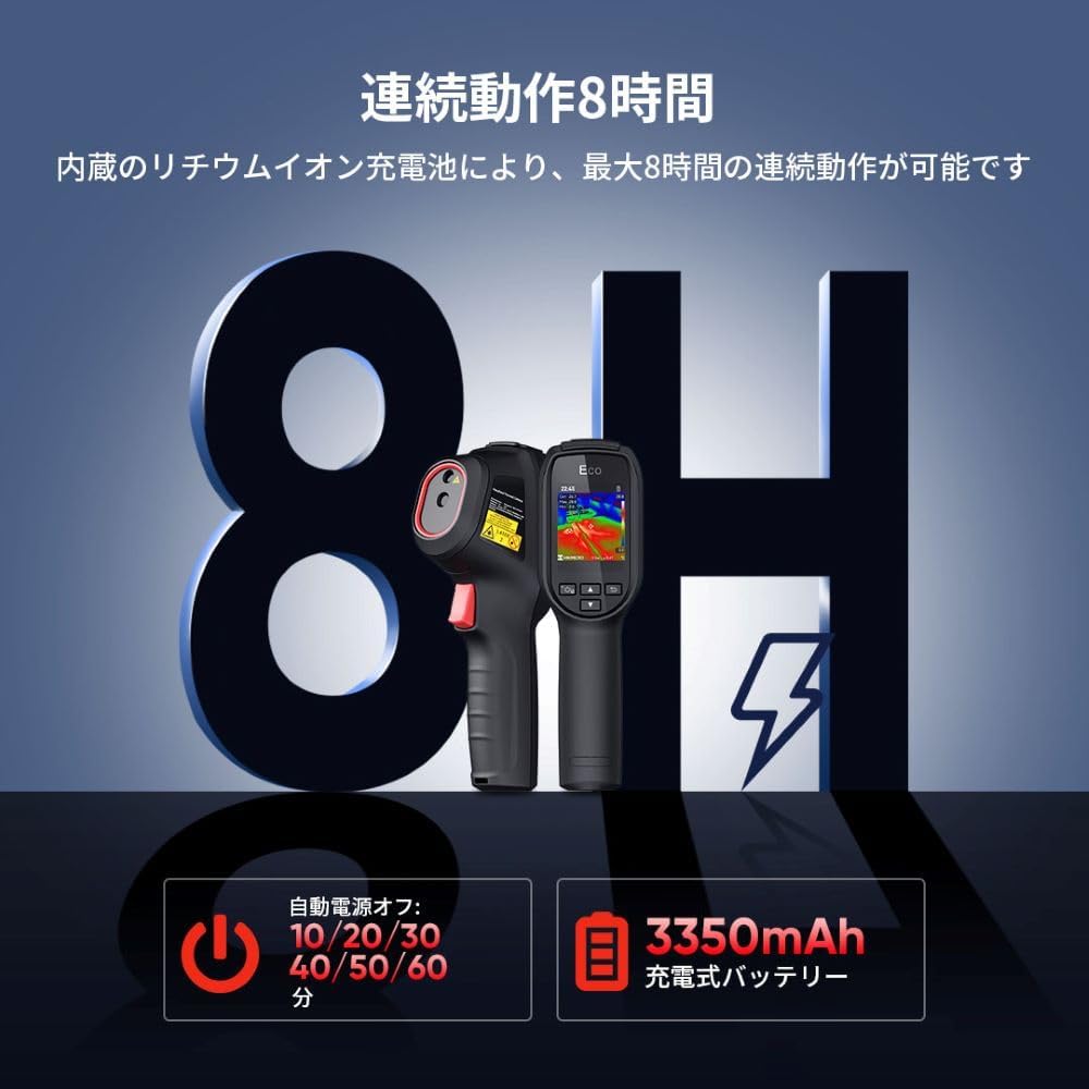 HIKMICRO ECO-V thermal camera with an '8H' graphic, indicating 8 hours of continuous operation, and a 3350mAh rechargeable battery icon with auto power-off settings.