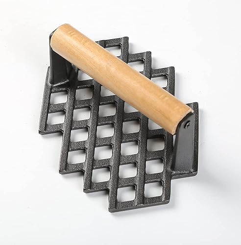 Miniatura 5 de HAWOK Prensa de parrilla pre-sazonada de hierro fundido con mango de madera, juego de 2..
