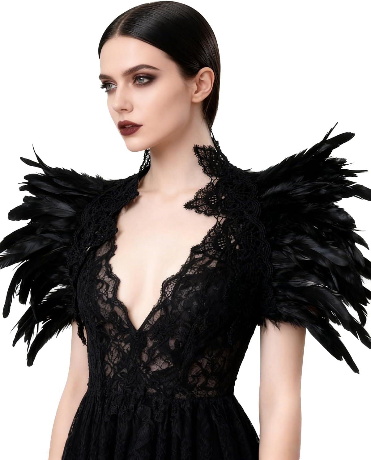 L'VOW Women Real Black Feather Shrug Cape Shoulder Wrap Lace Collar