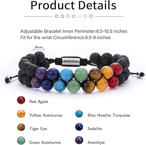 Miniatura 5 de murtoo Pulseras de cuentas de chakras para hombres y mujeres, pulsera de cuentas de cristales de yoga curativos de doble capa, pulsera de piedra