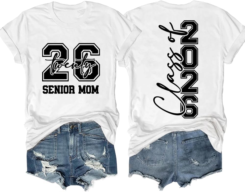 Senior Mom 2026 Shirt V Neck Senior Mom Shirts Class of 2026 Graduate Mama Tshirt Funny Two Sided Graphic Tees Tops