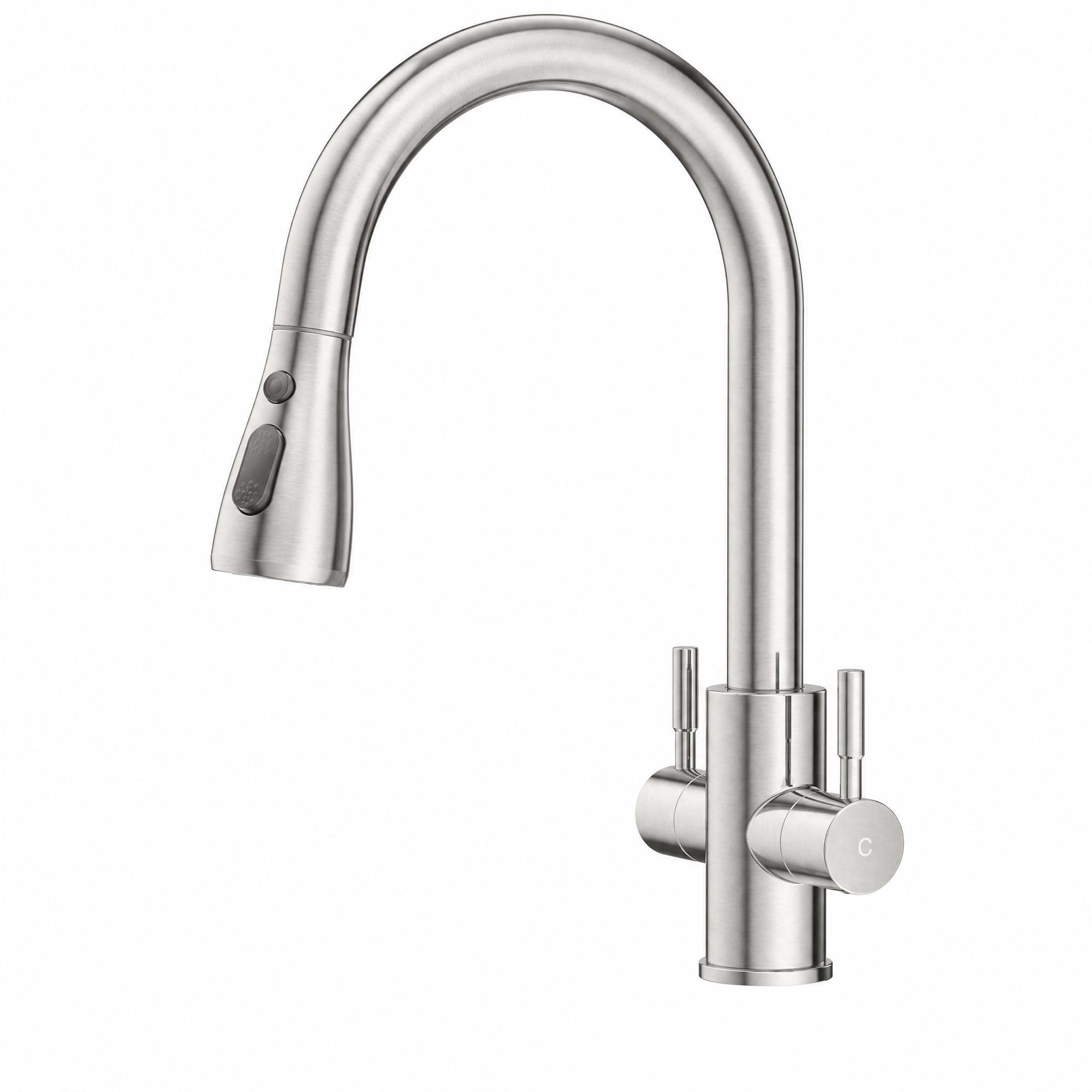 FORIOUS Kitchen Mixer Tap, Monobloc Dual Lever Sink Mixer Tap 1 Hole with Dual Lever 360 Swivel 3 Way Kitchen Faucet, Stainless Steel