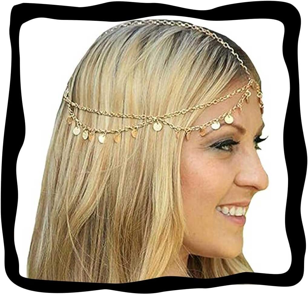 Aukmla Gold Sequins Head Chain Jewelry Festival Halloween Prom Costume Hair Accessories Fashion Headbands Headpieces for Women and Girls