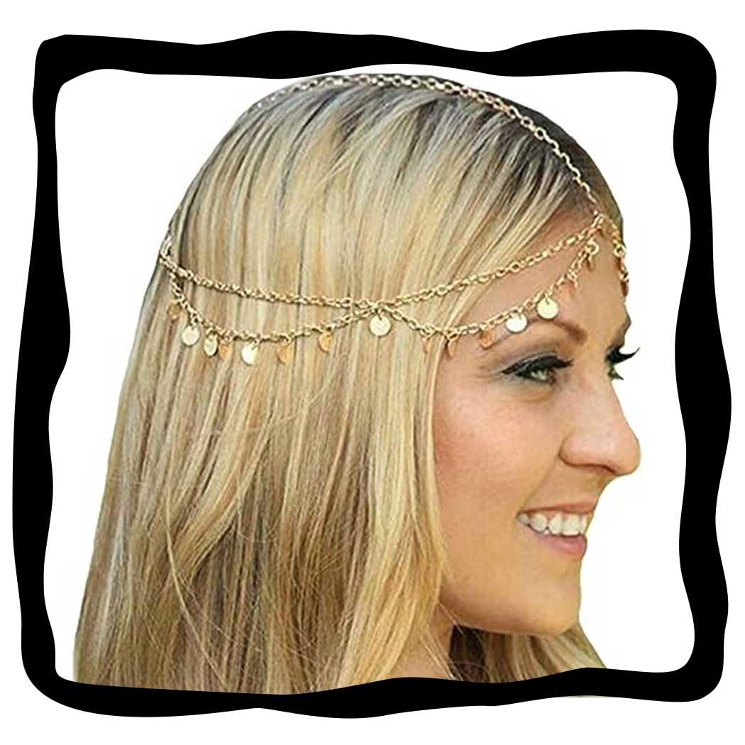 Aukmla Gold Sequins Head Chain Jewelry Festival Halloween Prom Costume Hair Accessories Fashion Headbands Headpieces for Women and Girls