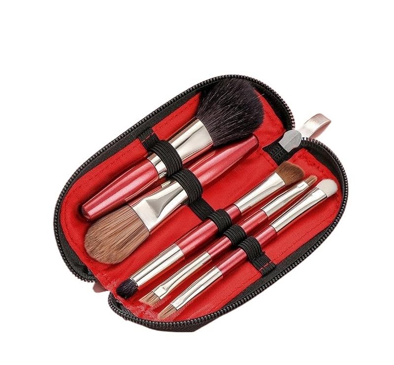 Juego de mini brochas maquillaje 5 piezas, sombra ojos, base y corrector, pinceles for labios, herramientas portátiles(Red goat hair)