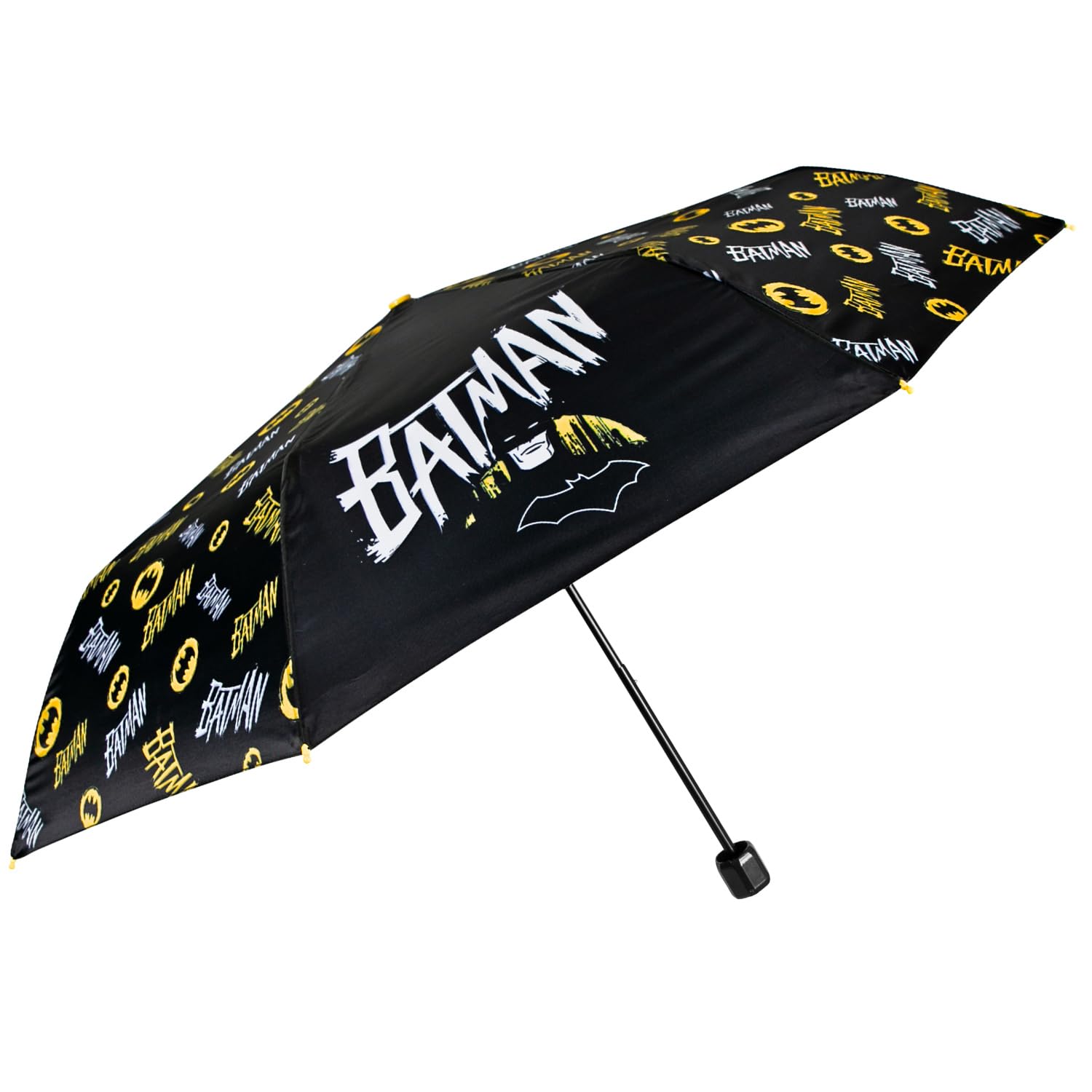 PERLETTI Batman Kompaktowa Parasolka dla Dzieci Solidny Czarny Biały Żółty - Mini Parasol Składany Wiatroodporny Podróżny Kieszonkowy Odporny do Szkoła - Manualny System Otwierania - Średnica 91 cm