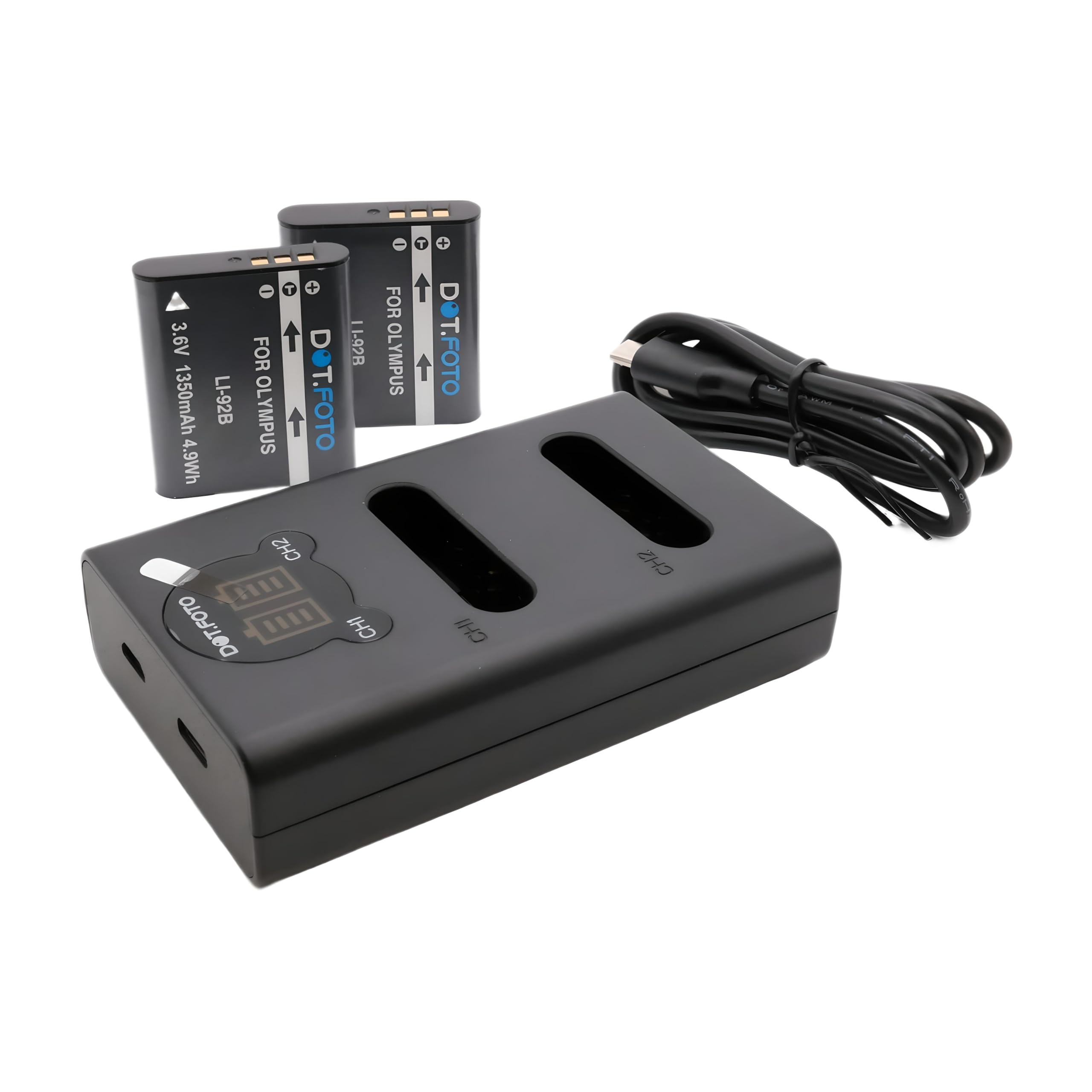 Dot.Foto Akku-Set Für Olympus (LI-92B) – 2x 1350 MAh Akkus & Dual-USB-Ladegerät Mit LCD, Für TG-6, TG-7 Uvm.