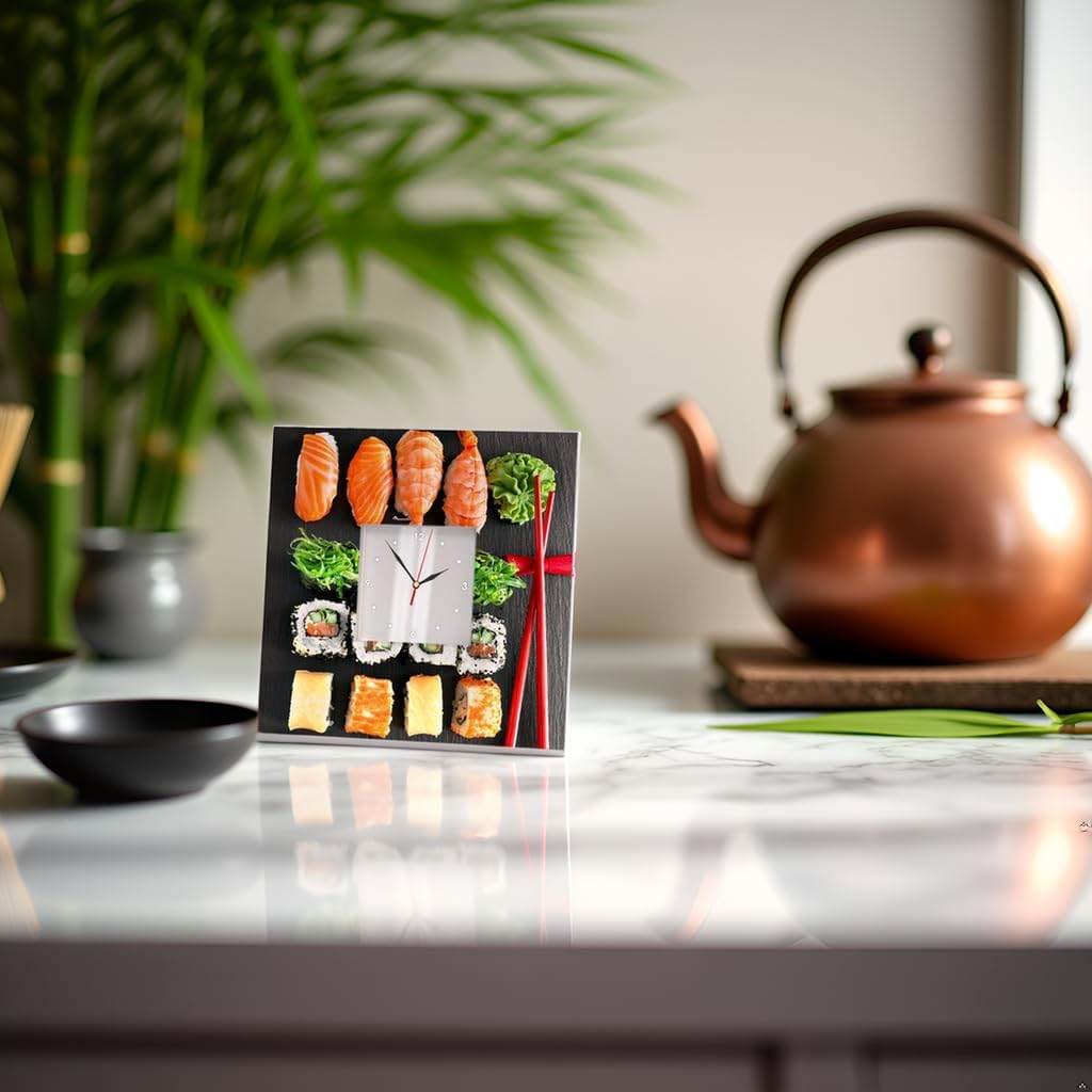Sushi Wall Clock - Japanese Sashimi Roll Decor, White Square Framed - Kitchen & Bar Interior Design, Unique Gift for Sushi Lovers