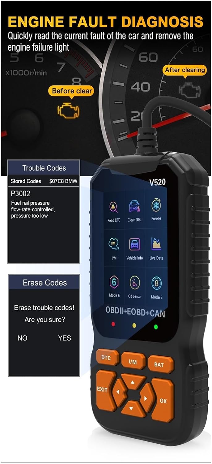 VCHICS V520 OBD2 Scanner screen showing 'ENGINE FAULT DIAGNOSIS' with an example of a stored code P3002 and an option to 'Erase Codes' with 'NO' and 'YES' choices.