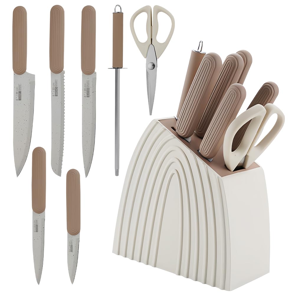 MDHANDD 8-teiliges Messerset, Küchenmesser Set mit Messerblock und Schleifstein – Edelstahlmesser, Messer Set für Schneiden Schneiden Würfeln Hacken (Beige)