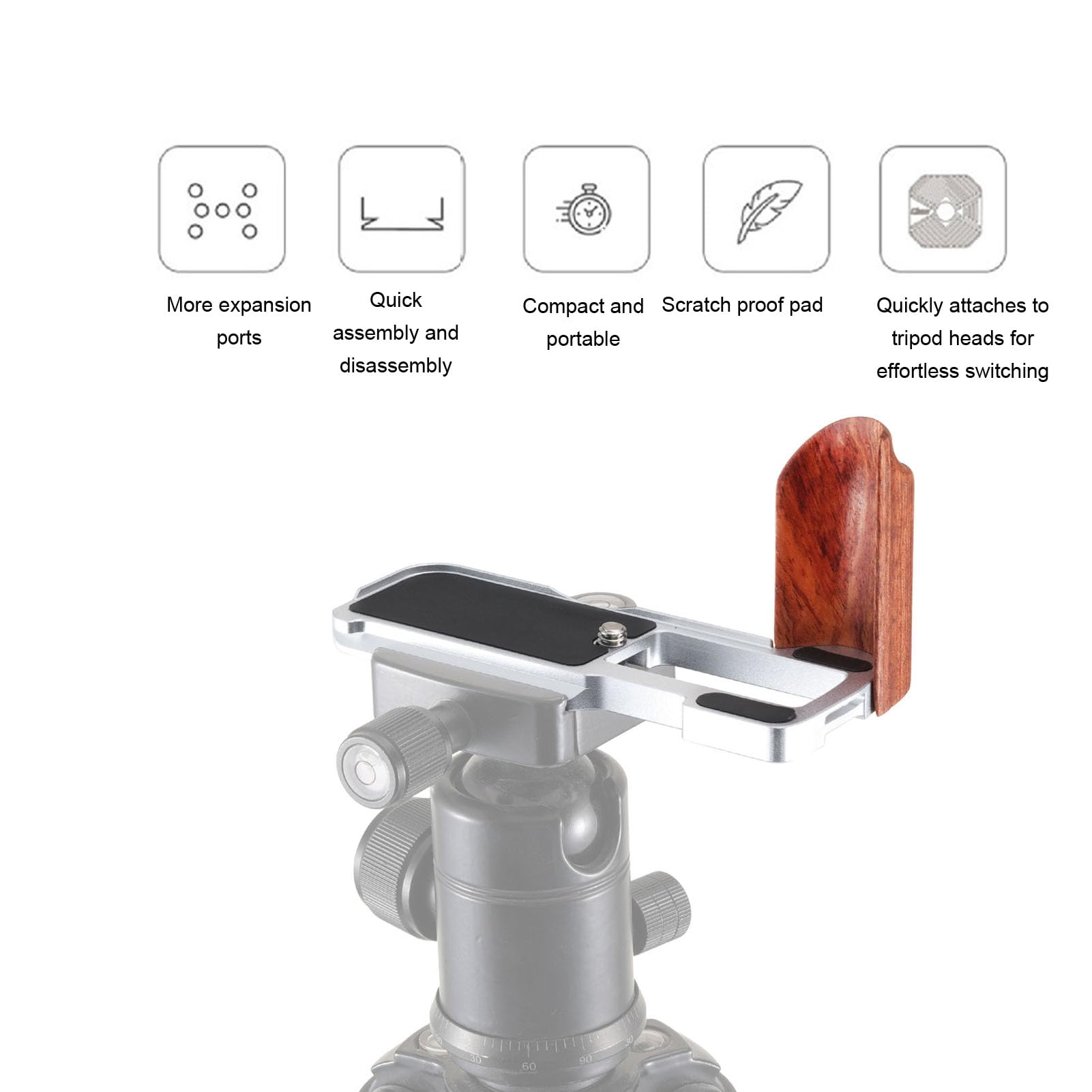Staffa a L con supporto per impugnatura in alluminio per treppiede Arca per fotocamere V1 (argento)
