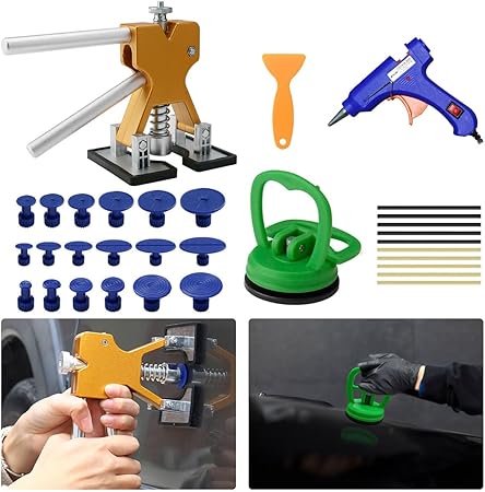 Car Dent Repair Kit 32Pcs Auto Paintless Dent Removal Tool, Adjustable Dent Puller Lifter Set with Glue Gun Stick Blue Tab Suction Cup Scraper Automotive Collision Repair Set for Hail Damage Door Ding
