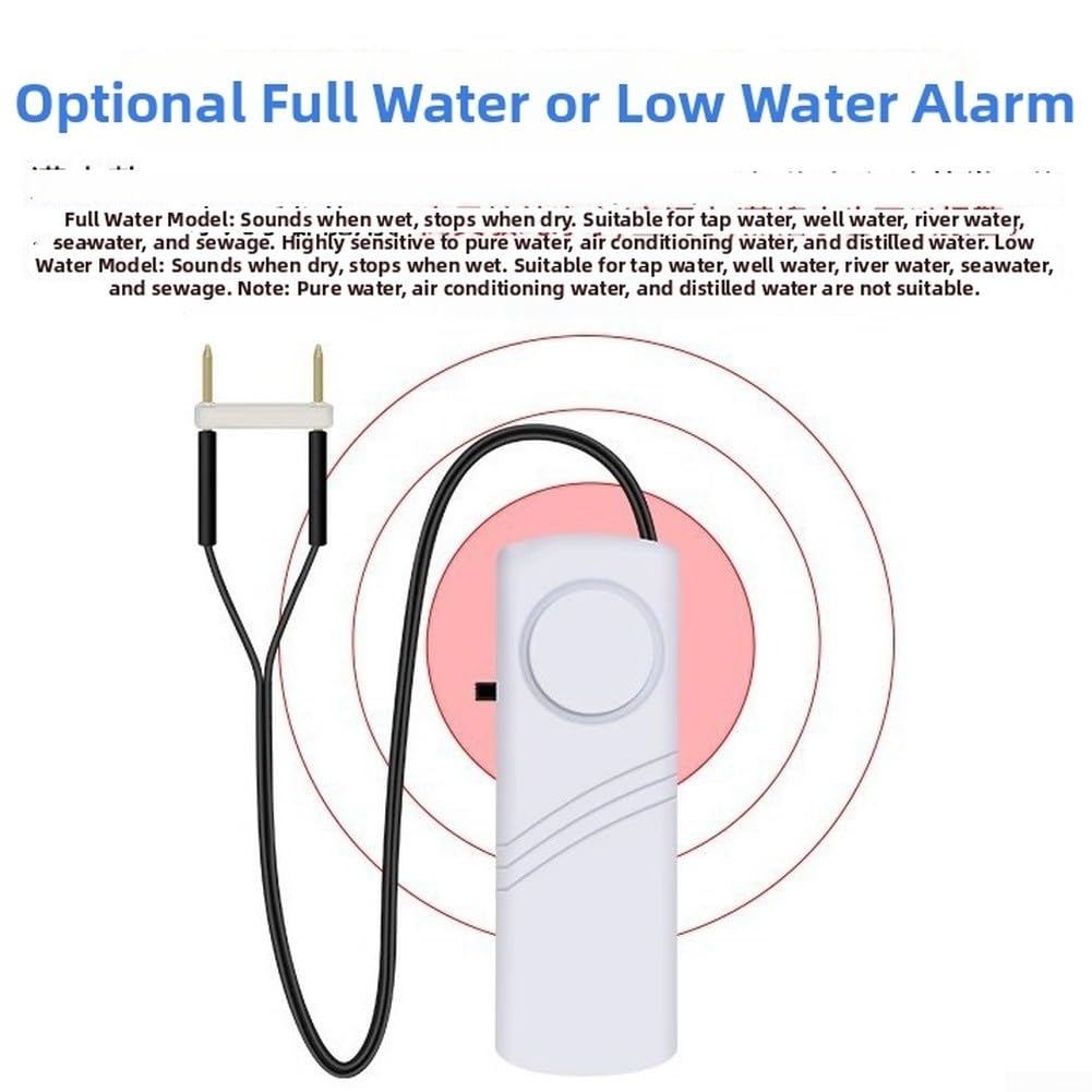 Alarma de nivel de agua con zumbador fuerte de 100 dB para el hogar, tanque de acuario, piscina, detector de fugas de desbordamiento, sensor de sonda de cobre, fácil de instalar, funciona con