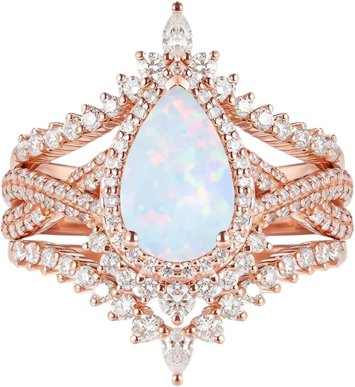 Pear Shaped Gemstone Engagement Rings for Women 10K 14K 18K White Yellow Rose Gold Vintage Halo Infinity Gemstone Wedding Ring Bridal Set 3pcs Inspired V Shaped Wedding Band Anniversary