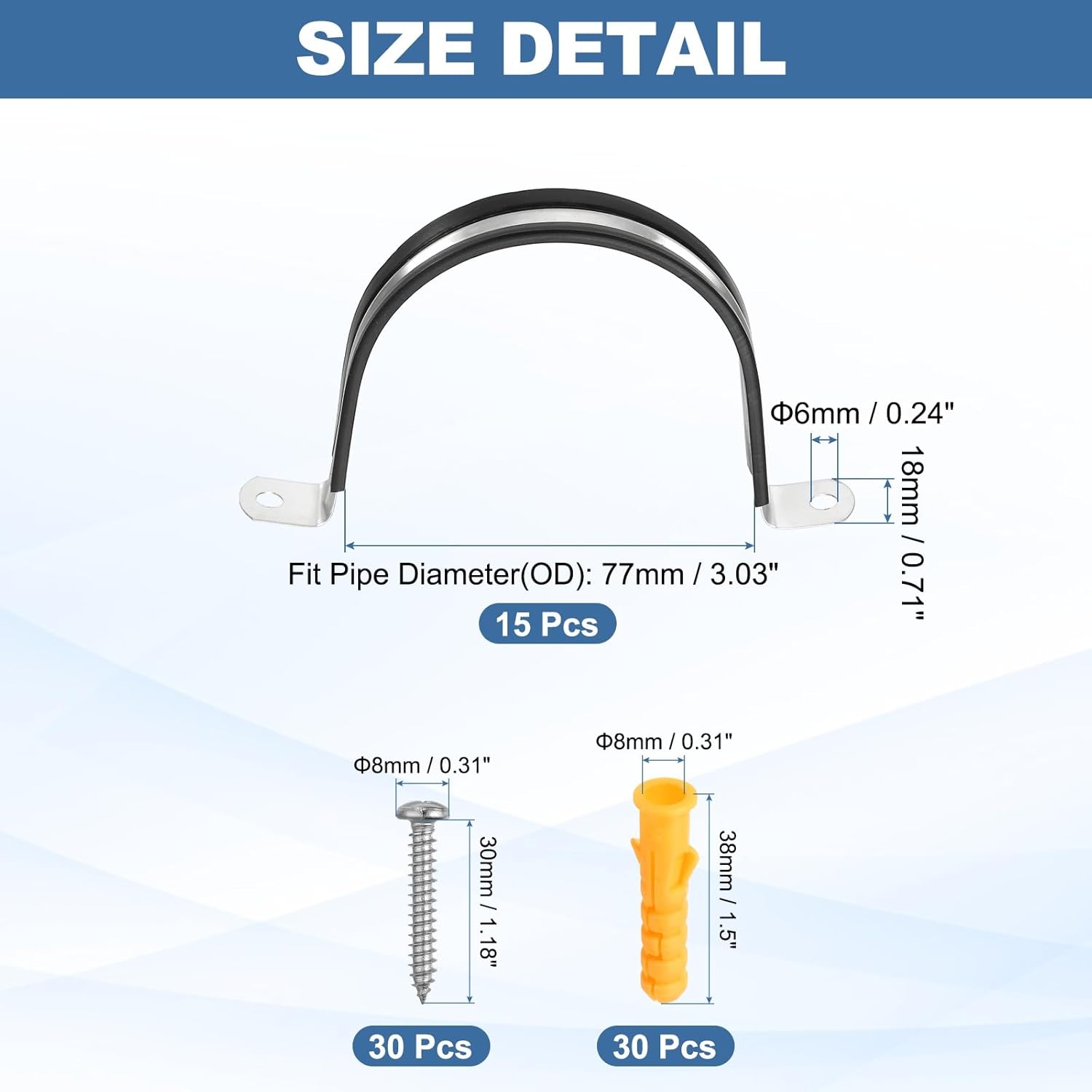 uxcell 15 Pcs Pipe Strap Clamp, 77mm(3.03") Rubber Cable Clamp Rubber Cushioned 304 Stainless Steel U Bracket Tube Holder Support with Screws for Water Pipe HVAC Cable Management