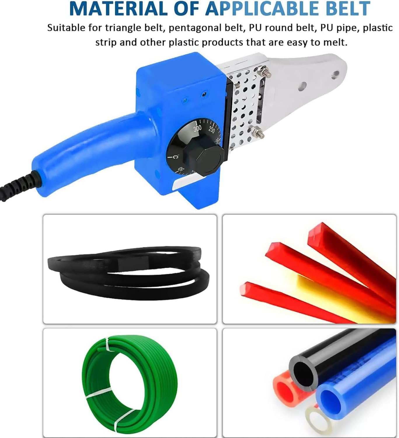 Máquina de Soldar Correas Redondas PU 800W, Soldadora de Fusión Térmica Temperatura Ajustable 0-300°C para Correas PU y Tubos Plásticos, Incluye Tijeras y Alicate (220V, Herramienta Industrial)