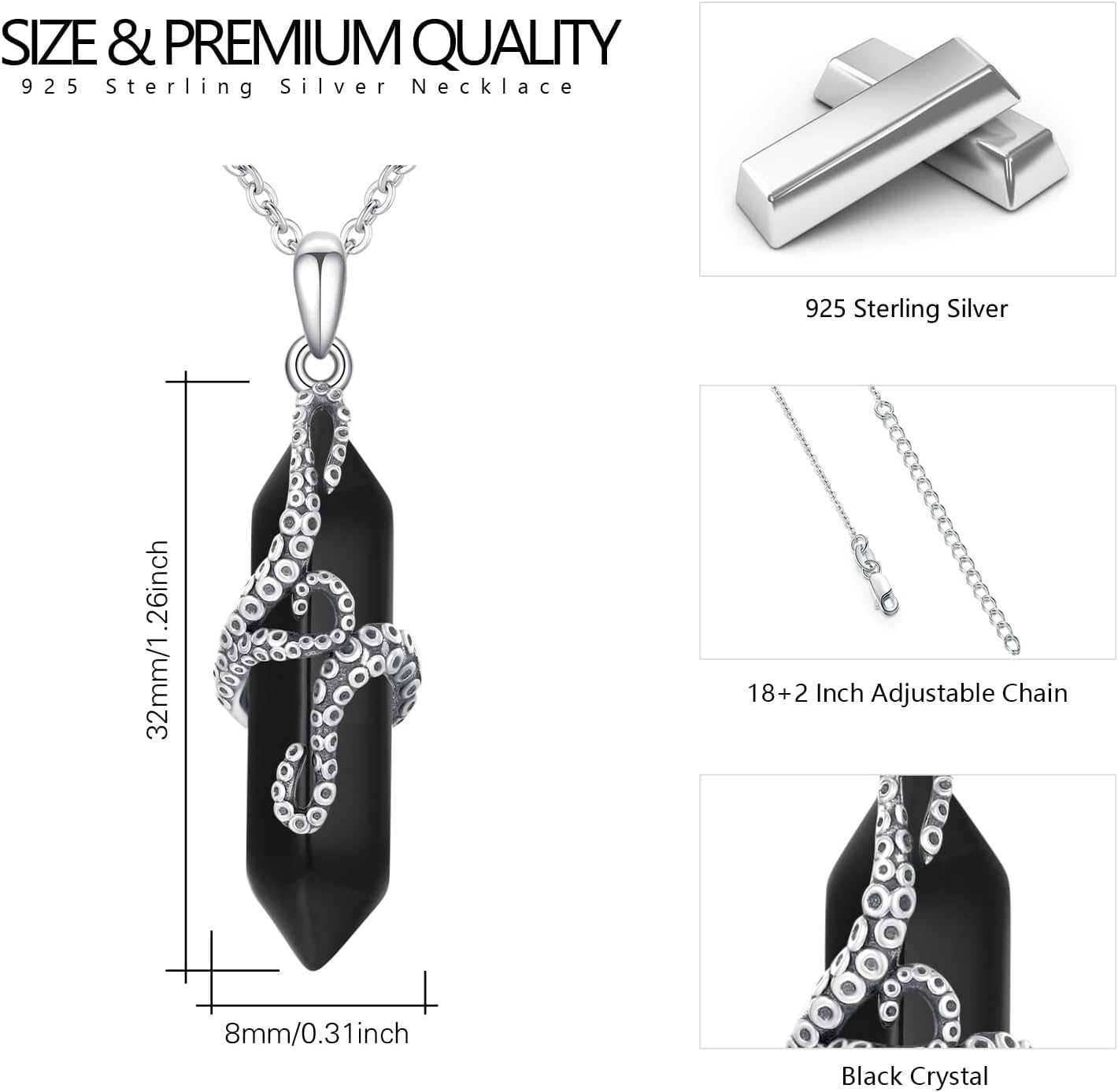 OHAYOO Octopus Tentacles Necklace 925 Sterling Silver Octopus Pendent Necklace Wrapped Obsidian Octopus Jewelry Gifts for Women - Image 6