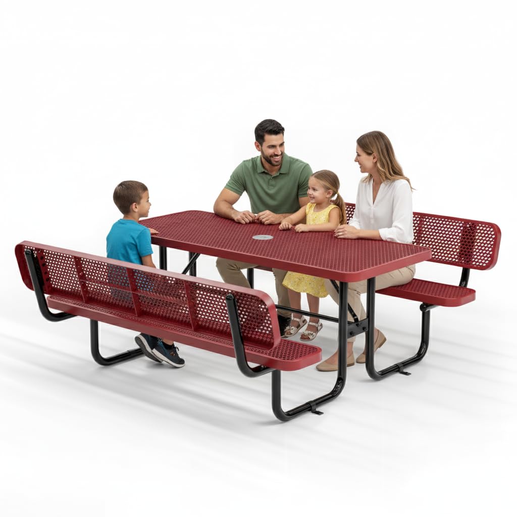 Commercial Heavy-Duty Metal Picnic Table with Backrest - ADA Compliant, Adjustable Seats, Umbrella Hole, Expanded Metal (Red, 6' Rectangular with Back)