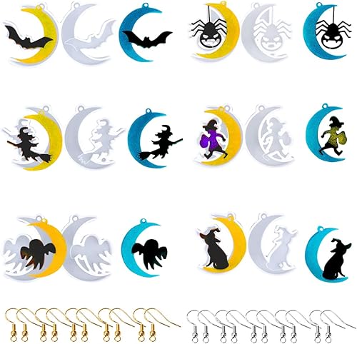 HyzaPhix 6 moldes de resina para joyería de silicona, moldes para colgantes de Halloween, moldes de fundición epoxi con 10 pares de ganchos de